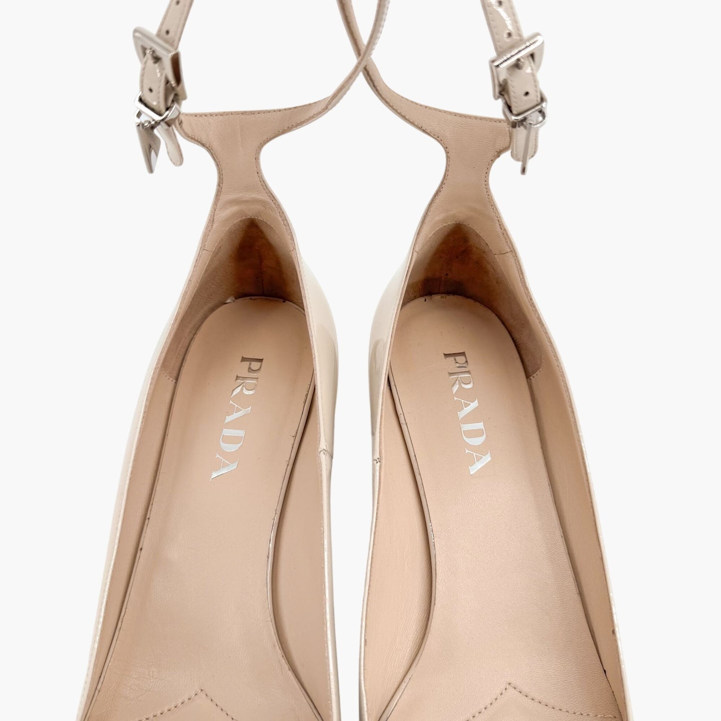 Prada Decolette Logo Mary Jane Pumps in Beige Patent Leather Size 40