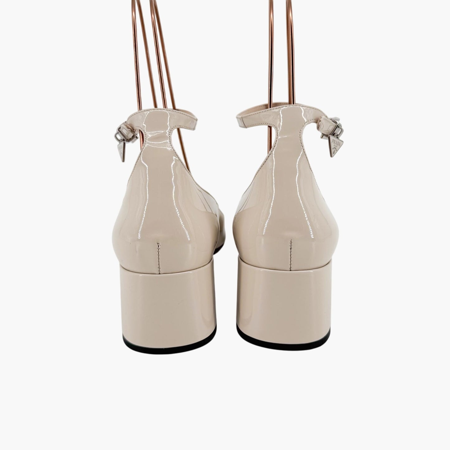 Prada Decolette Logo Mary Jane Pumps in Beige Patent Leather Size 40