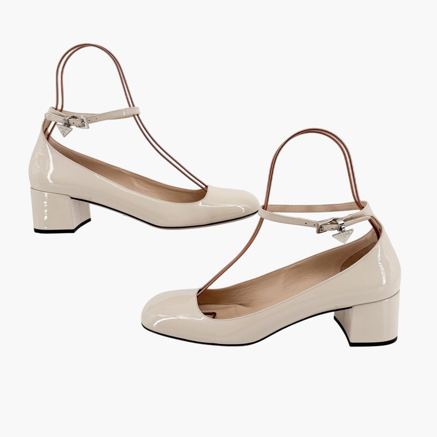 Prada Decolette Logo Mary Jane Pumps in Beige Patent Leather Size 40