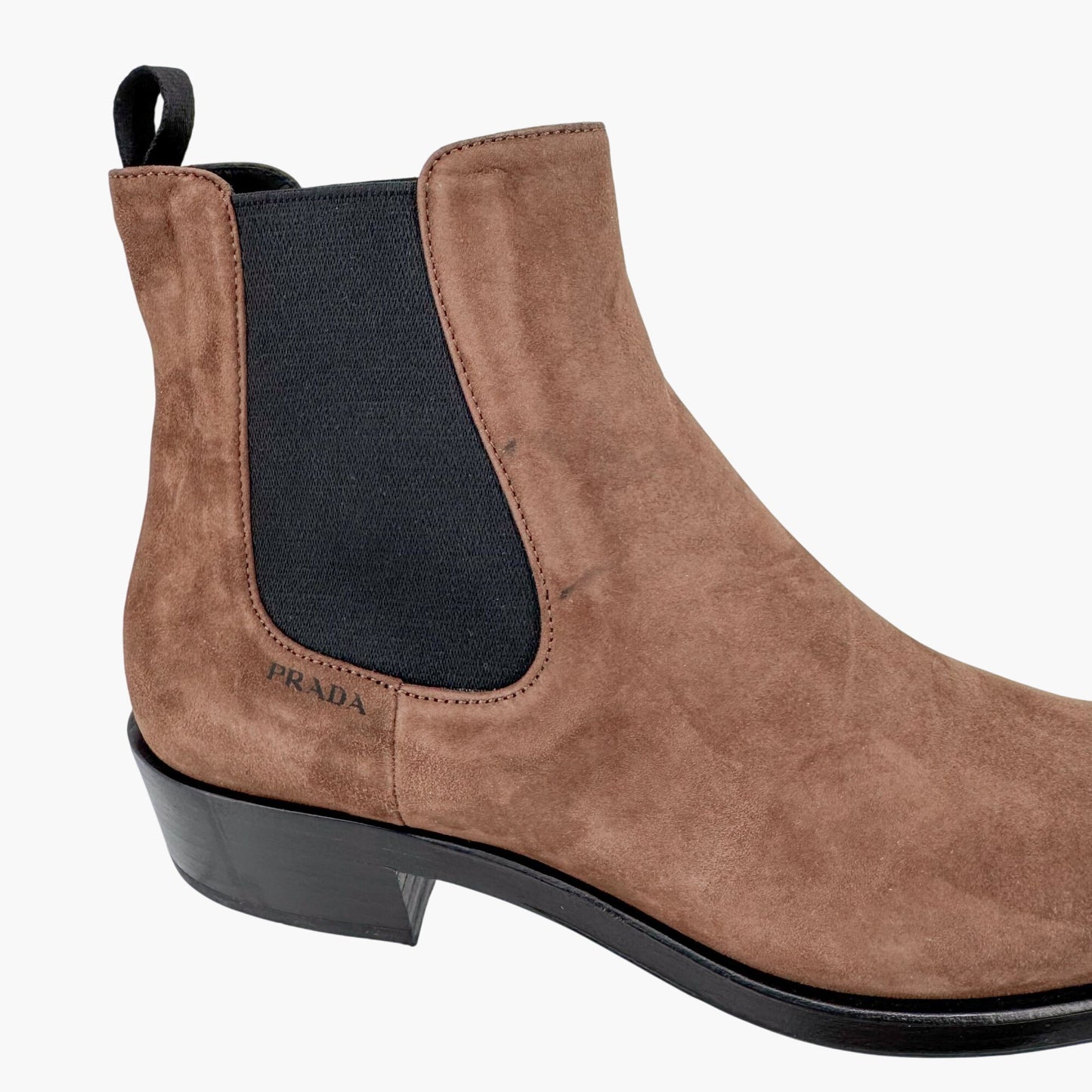 Prada Snip Toe Chelsea Ankle Boots in Brown Suede – Size 38