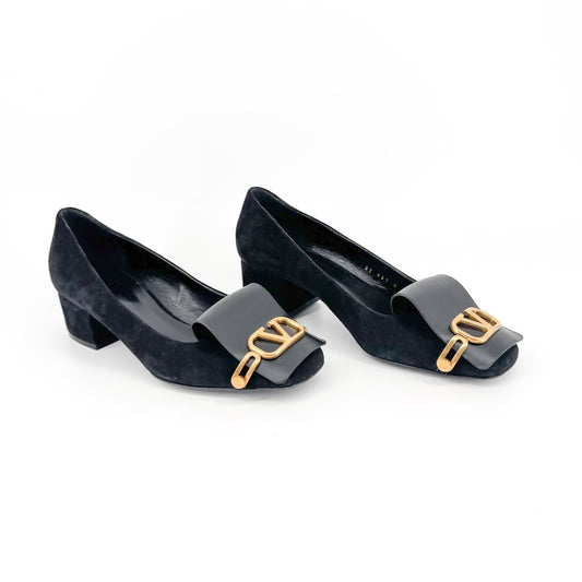 Valentino Garavani VLogo Block Heel Pumps Black Suede – Size 38.5
