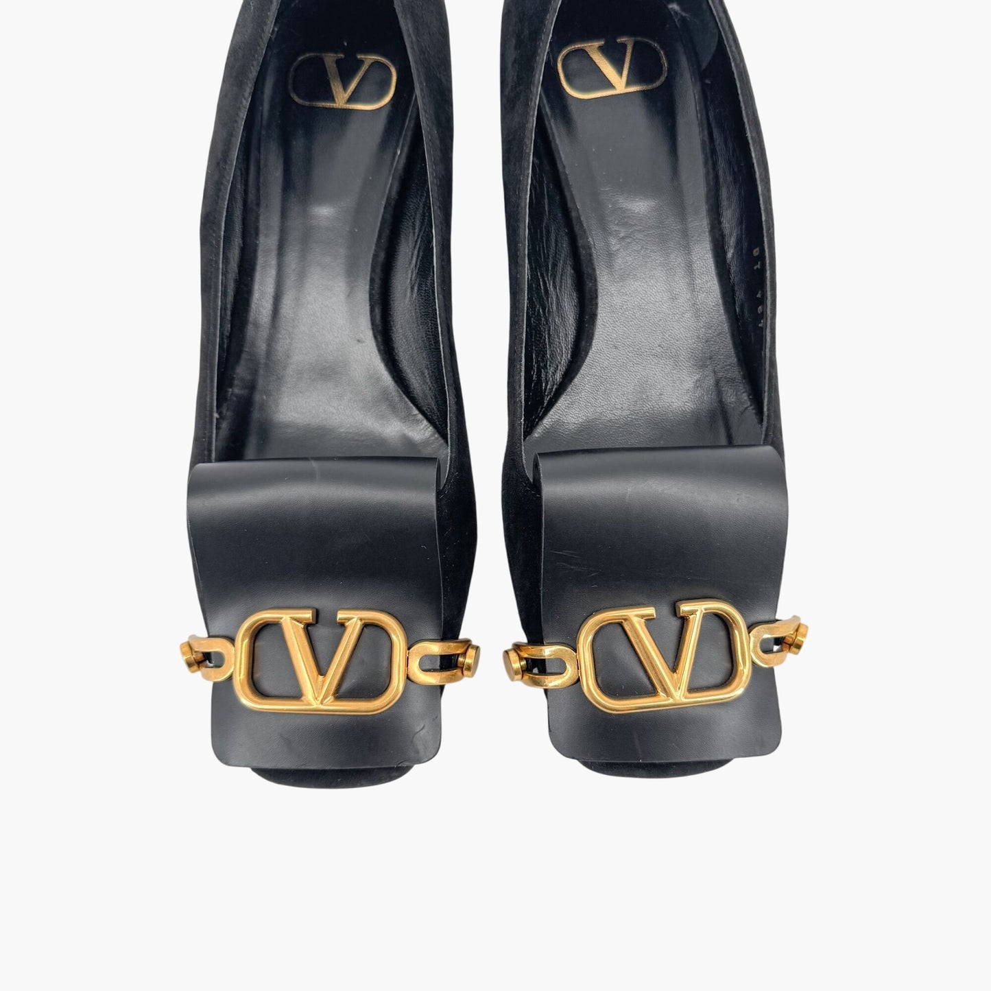 Valentino Garavani VLogo Block Heel Pumps Black Suede – Size 38.5