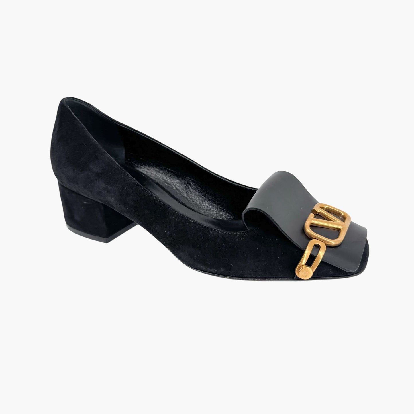 Valentino Garavani VLogo Block Heel Pumps Black Suede – Size 38.5
