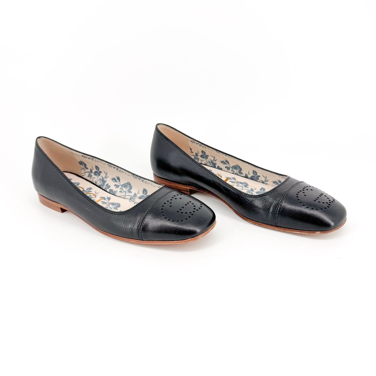 Gucci Hills GG Cap Toe Leather Ballet Flats Black Size 39