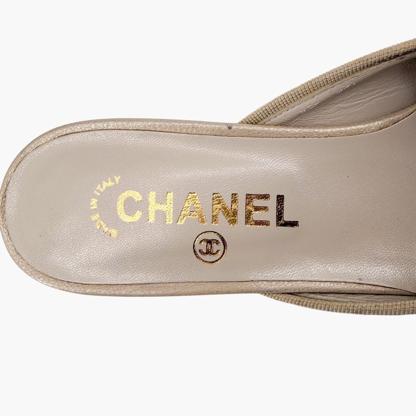 Vintage Chanel CC Cap Toe Mule Heels White Beige Size 39