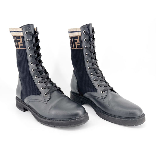 Fendi Rockoko Combat Boots in Black Leather Size 42