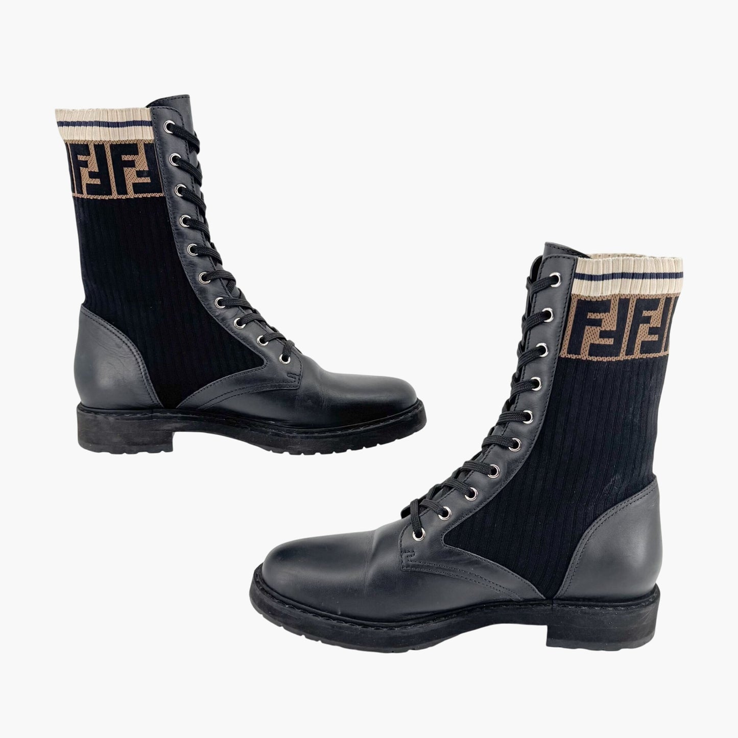 Fendi Rockoko Combat Boots in Black Leather Size 42