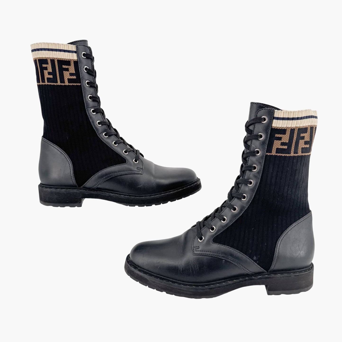 Fendi Rockoko Combat Boots in Black Leather Size 42