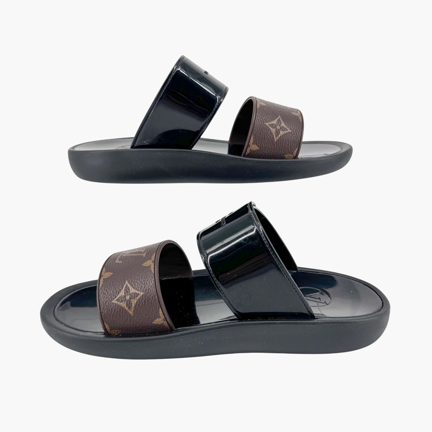 Louis Vuitton Sunbath Slide Sandals in Black Rubber & Monogram Canvas – Size 38