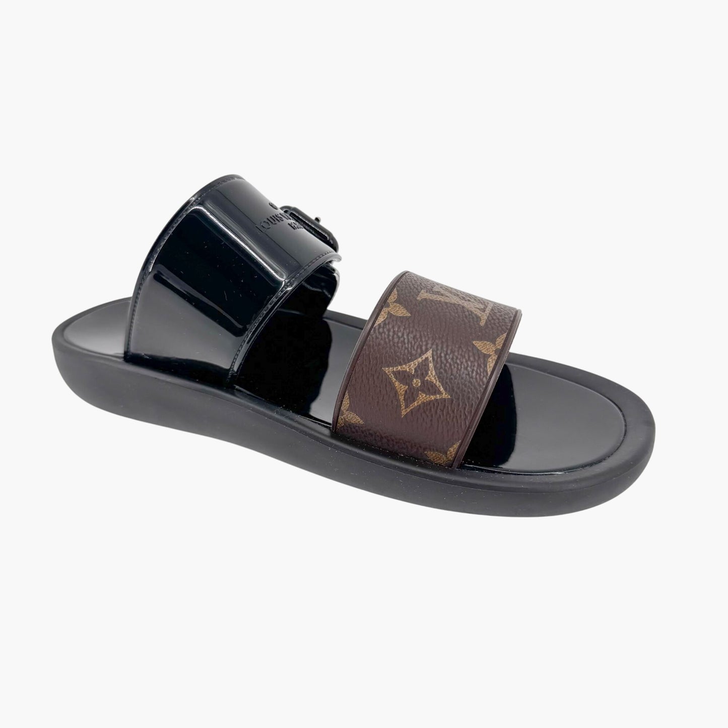 Louis Vuitton Sunbath Slide Sandals in Black Rubber & Monogram Canvas – Size 38