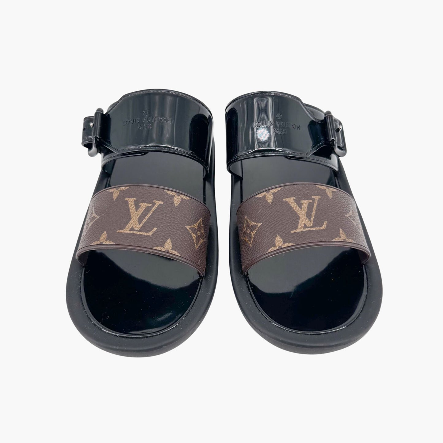 Louis Vuitton Sunbath Slide Sandals in Black Rubber & Monogram Canvas – Size 38