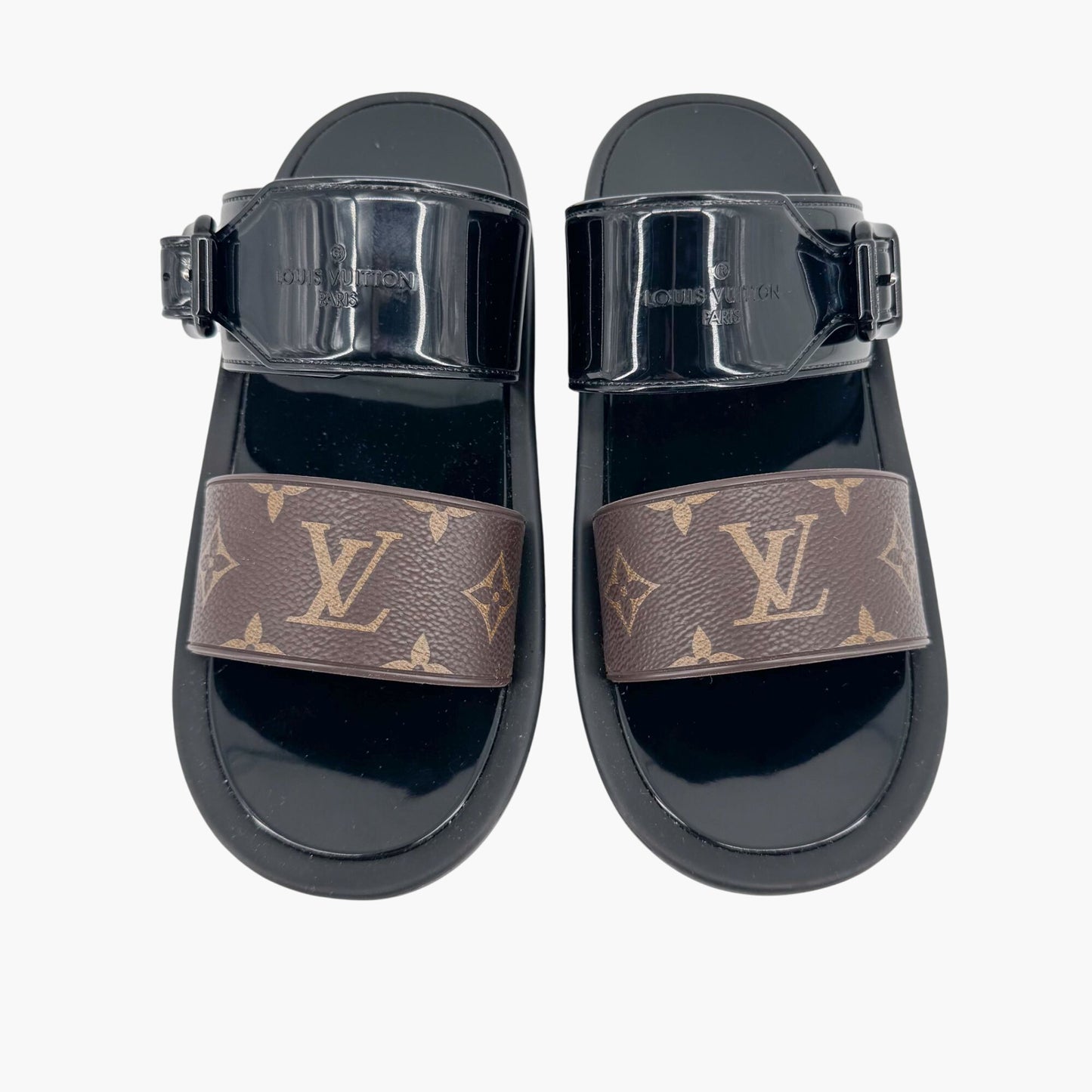 Louis Vuitton Sunbath Slide Sandals in Black Rubber & Monogram Canvas – Size 38