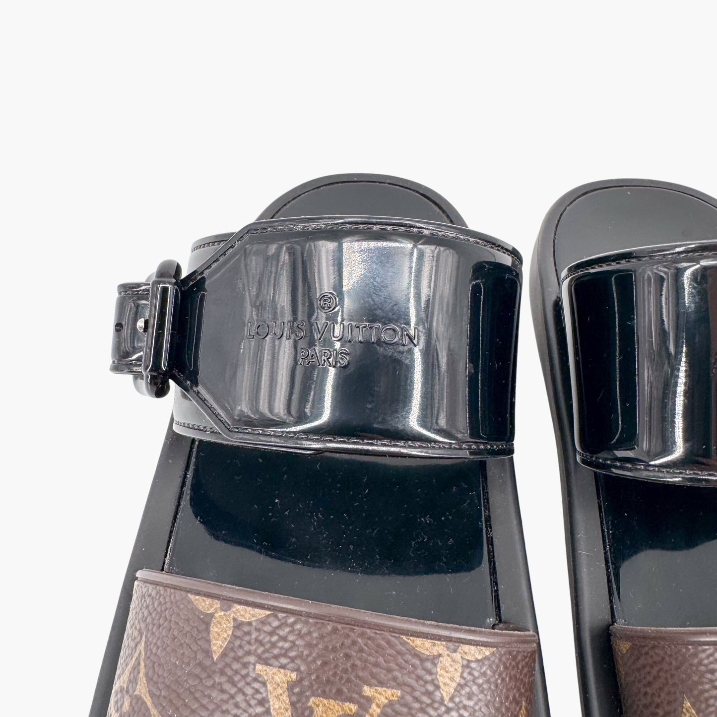 Louis Vuitton Sunbath Slide Sandals in Black Rubber & Monogram Canvas – Size 38