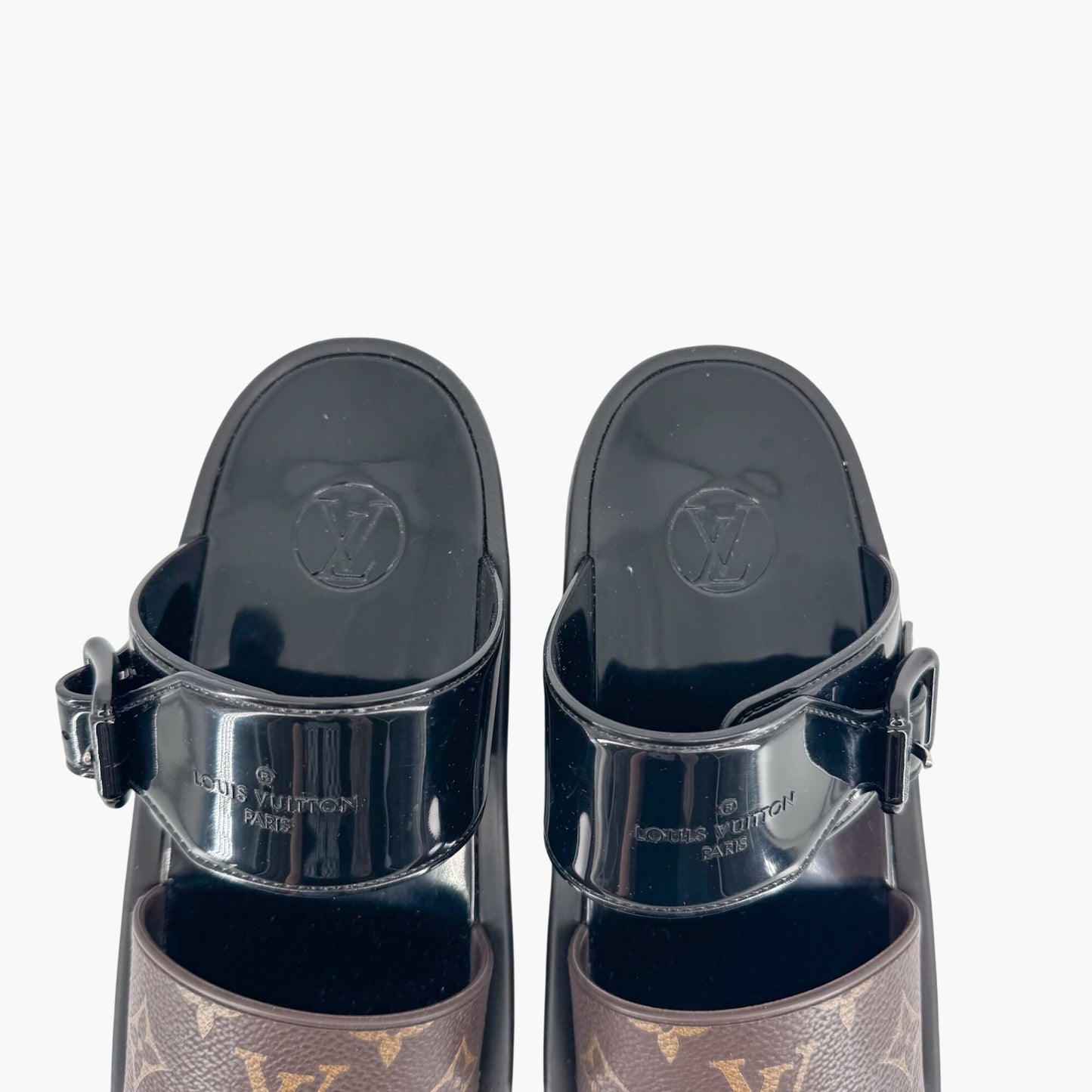 Louis Vuitton Sunbath Slide Sandals in Black Rubber & Monogram Canvas – Size 38