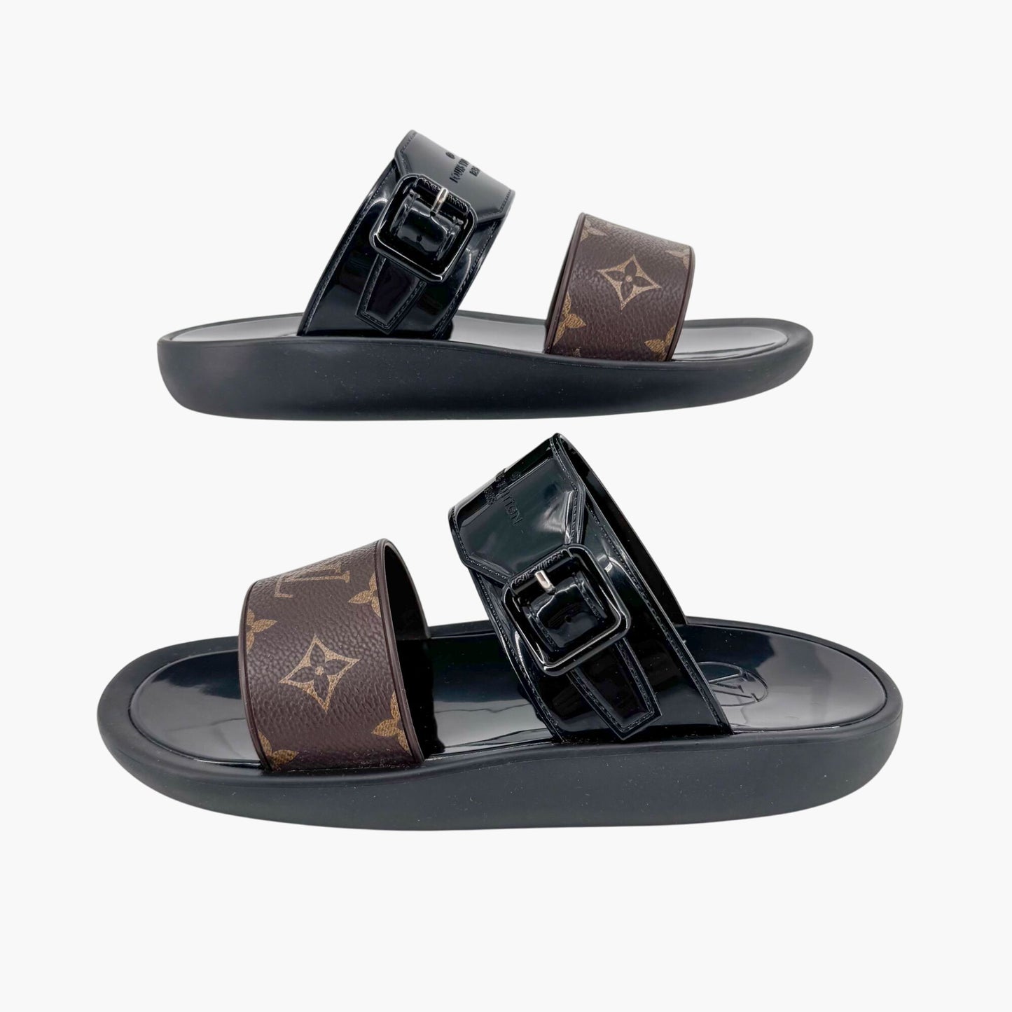 Louis Vuitton Sunbath Slide Sandals in Black Rubber & Monogram Canvas – Size 38