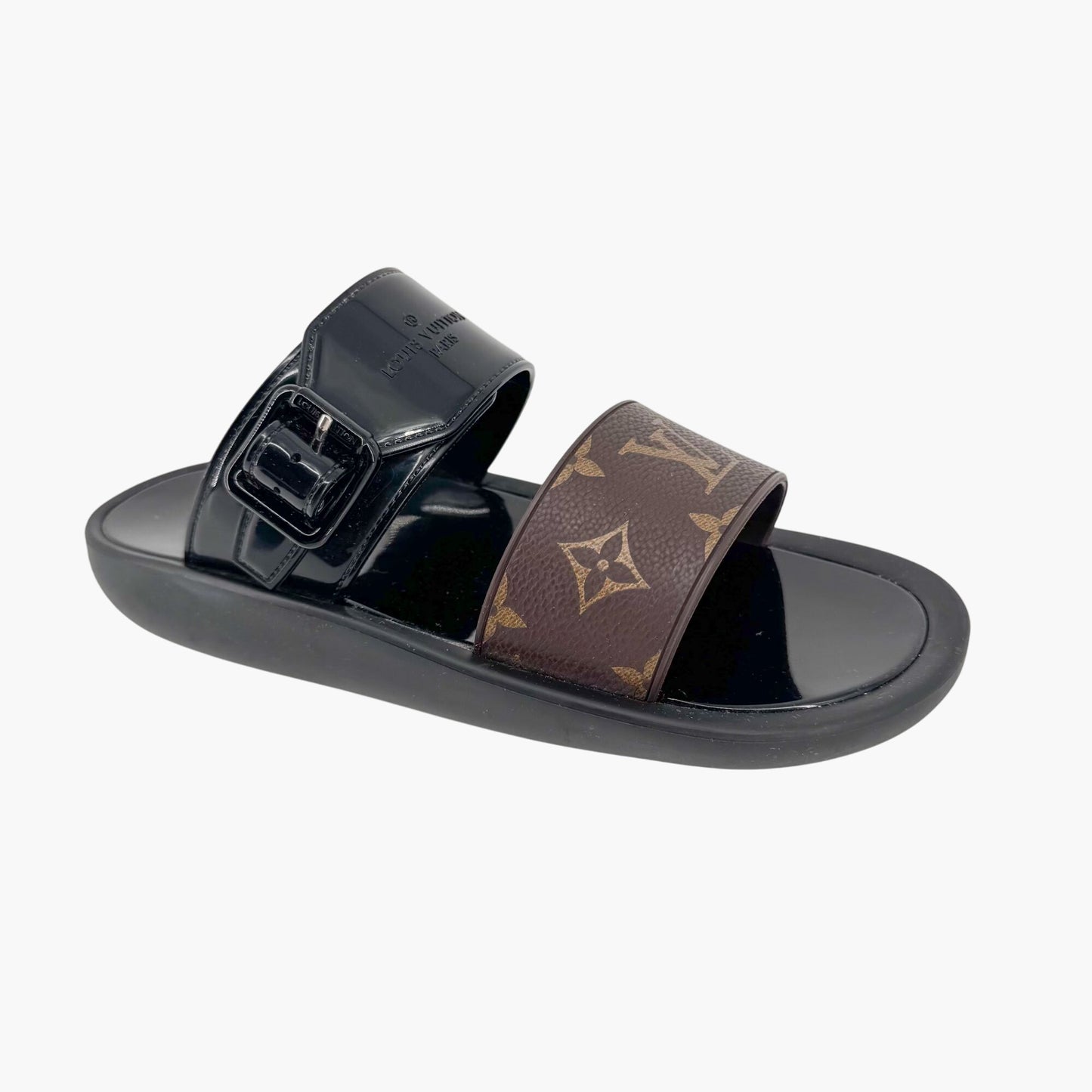 Louis Vuitton Sunbath Slide Sandals in Black Rubber & Monogram Canvas – Size 38
