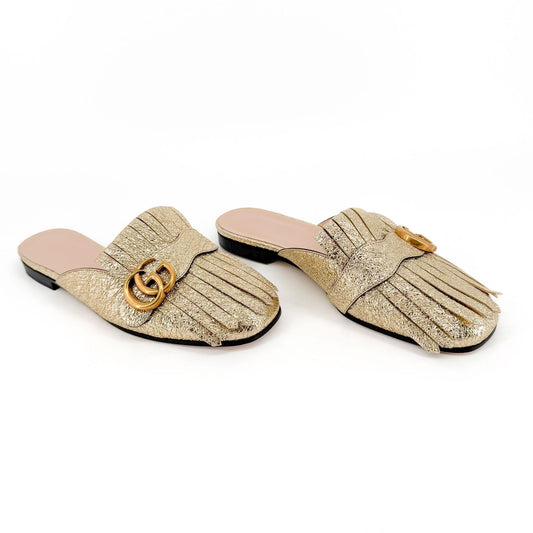 Gucci Marmont GG Gold Leather Fringe Mules – Size 38