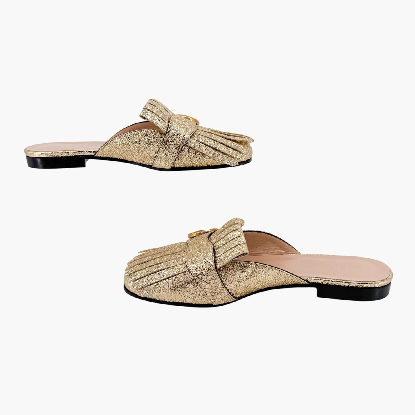 Gucci Marmont GG Gold Leather Fringe Mules – Size 38