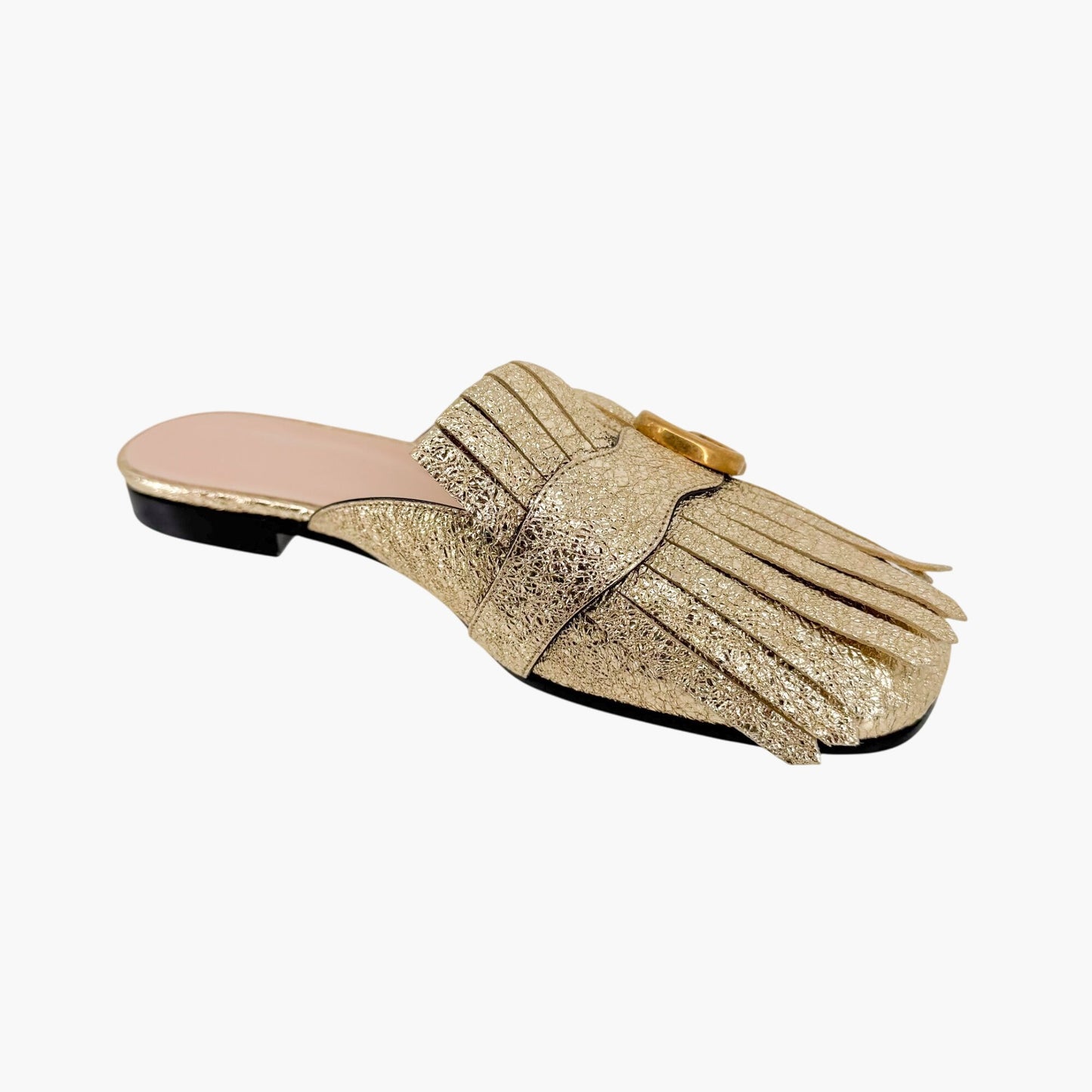 Gucci Marmont GG Gold Leather Fringe Mules – Size 38