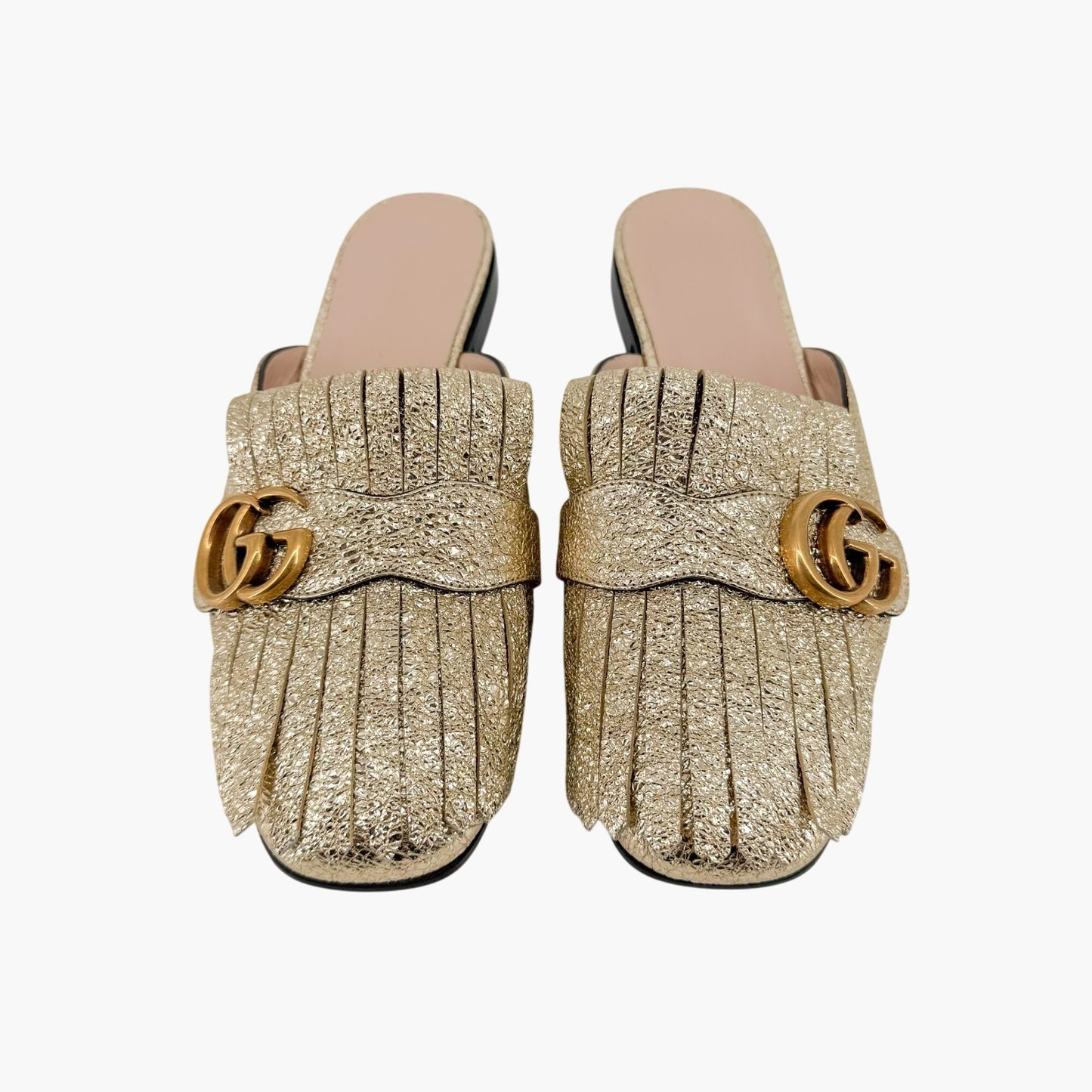 Gucci Marmont GG Gold Leather Fringe Mules – Size 38
