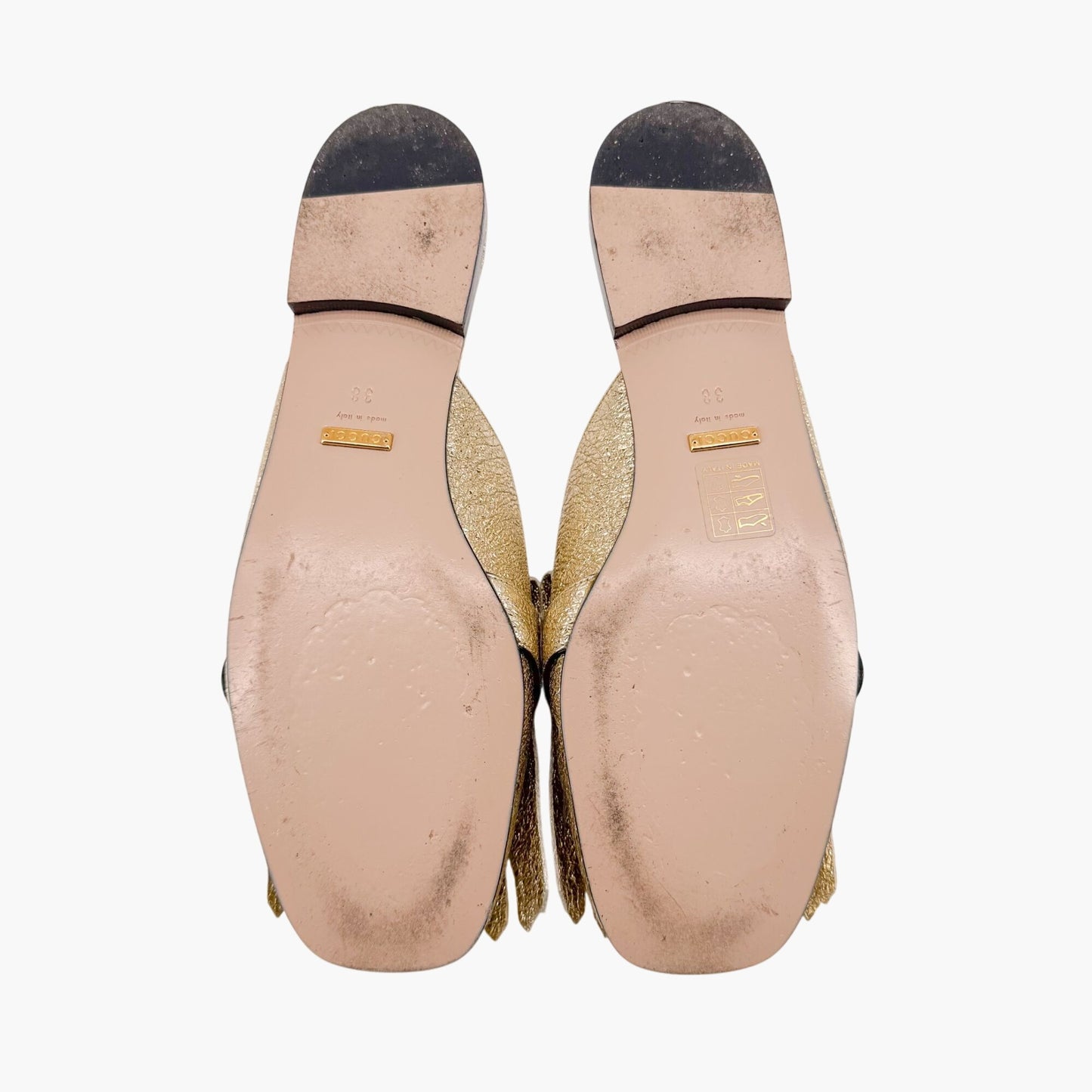 Gucci Marmont GG Gold Leather Fringe Mules – Size 38