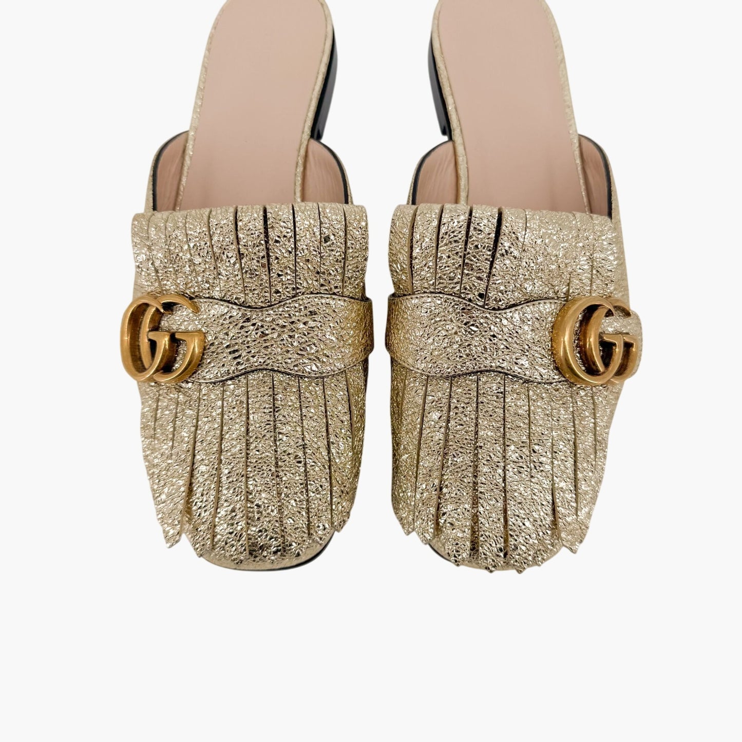 Gucci Marmont GG Gold Leather Fringe Mules – Size 38
