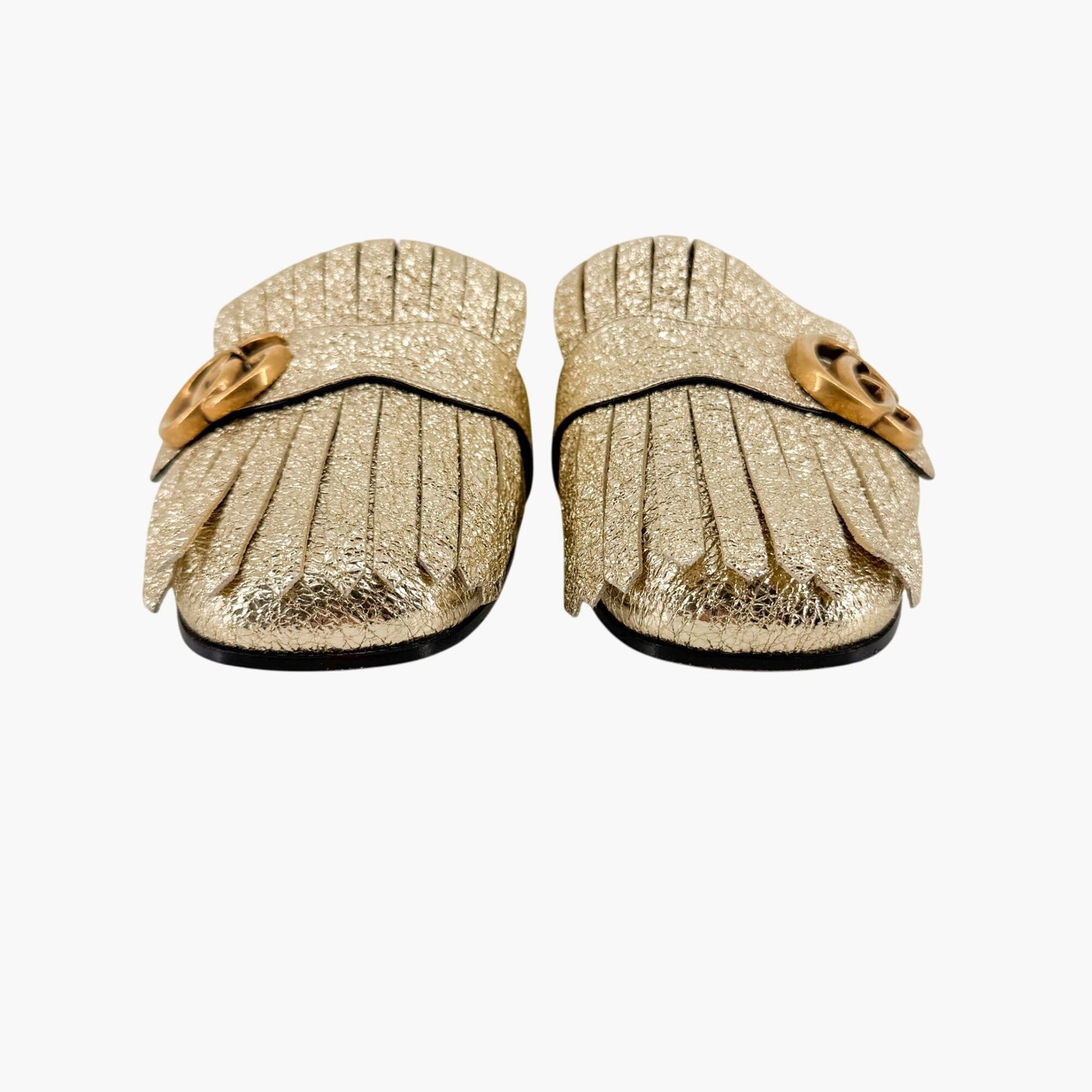 Gucci Marmont GG Gold Leather Fringe Mules – Size 38