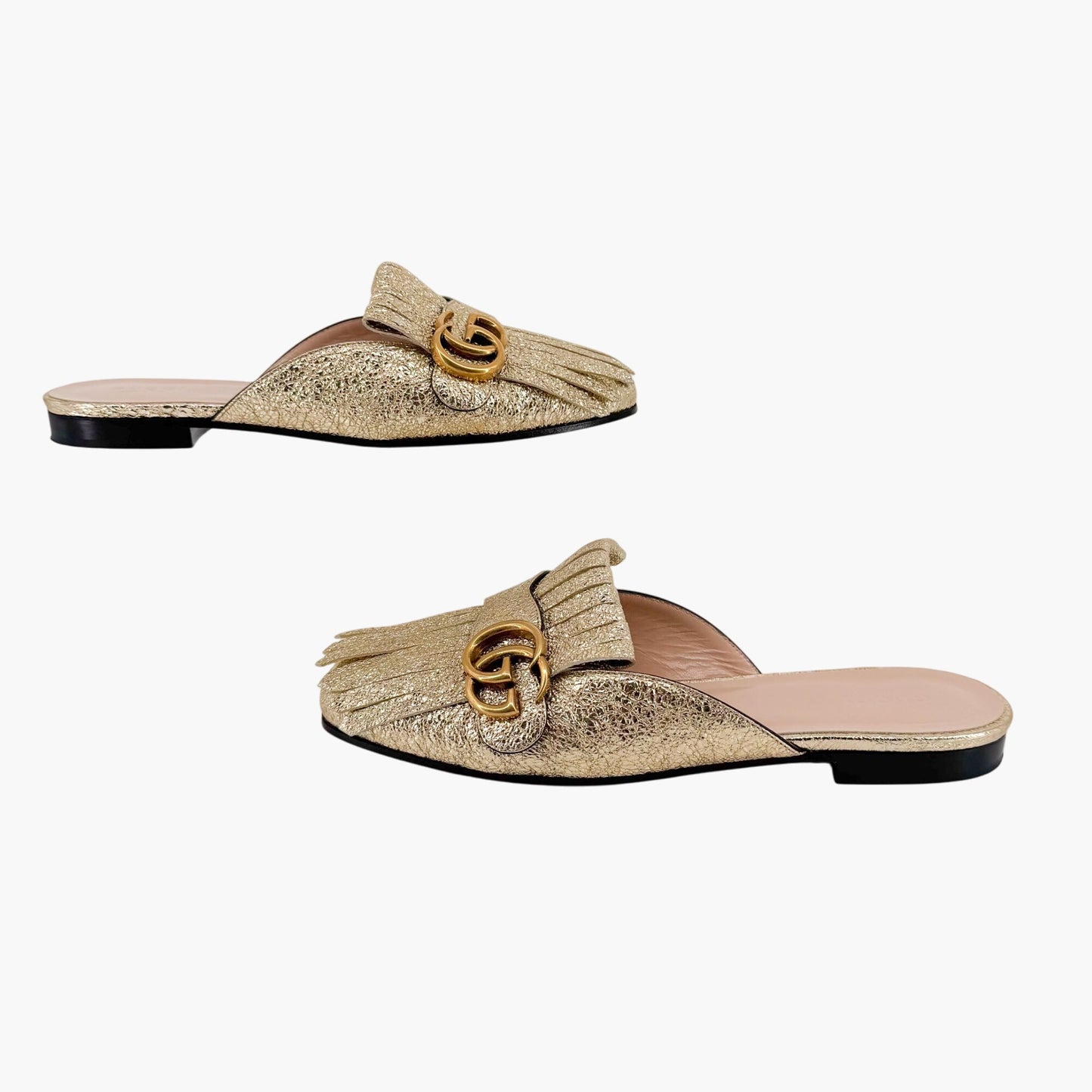 Gucci Marmont GG Gold Leather Fringe Mules – Size 38
