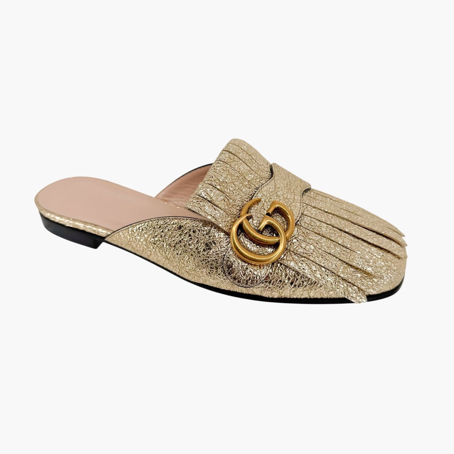 Gucci Marmont GG Gold Leather Fringe Mules – Size 38