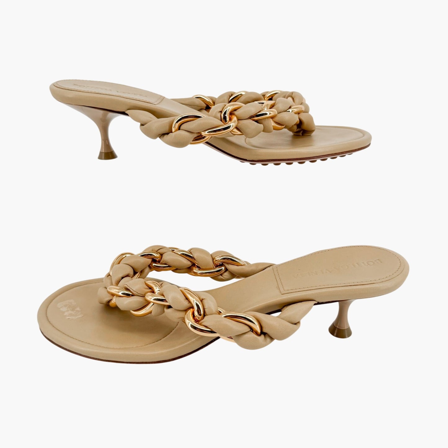 Bottega Veneta Dot Braided Chain Thong Sandals in Beige Leather Size 37.5