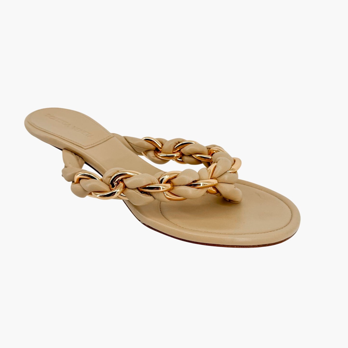 Bottega Veneta Dot Braided Chain Thong Sandals in Beige Leather Size 37.5