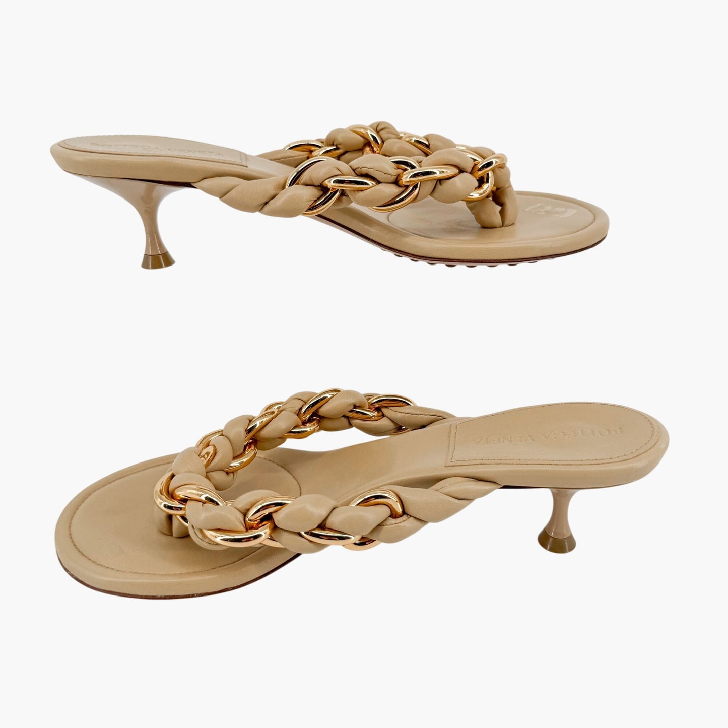 Bottega Veneta Dot Braided Chain Thong Sandals in Beige Leather Size 37.5