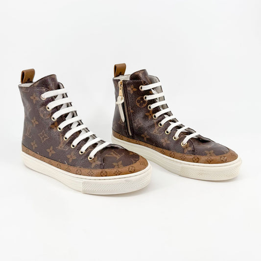 Louis Vuitton Stellar High Top Sneaker Boots in Brown LV Monogram Coated Canvas Size 36.5