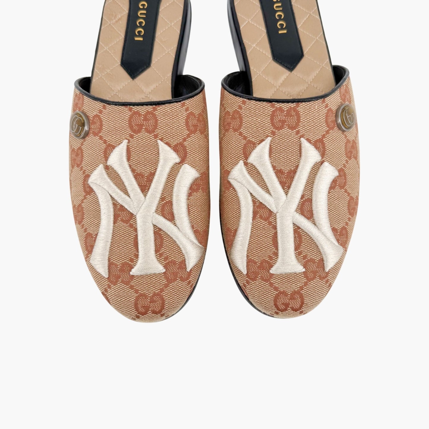 Gucci GG Yankees Mule Slippers in Beige Monogram Canvas Size 36
