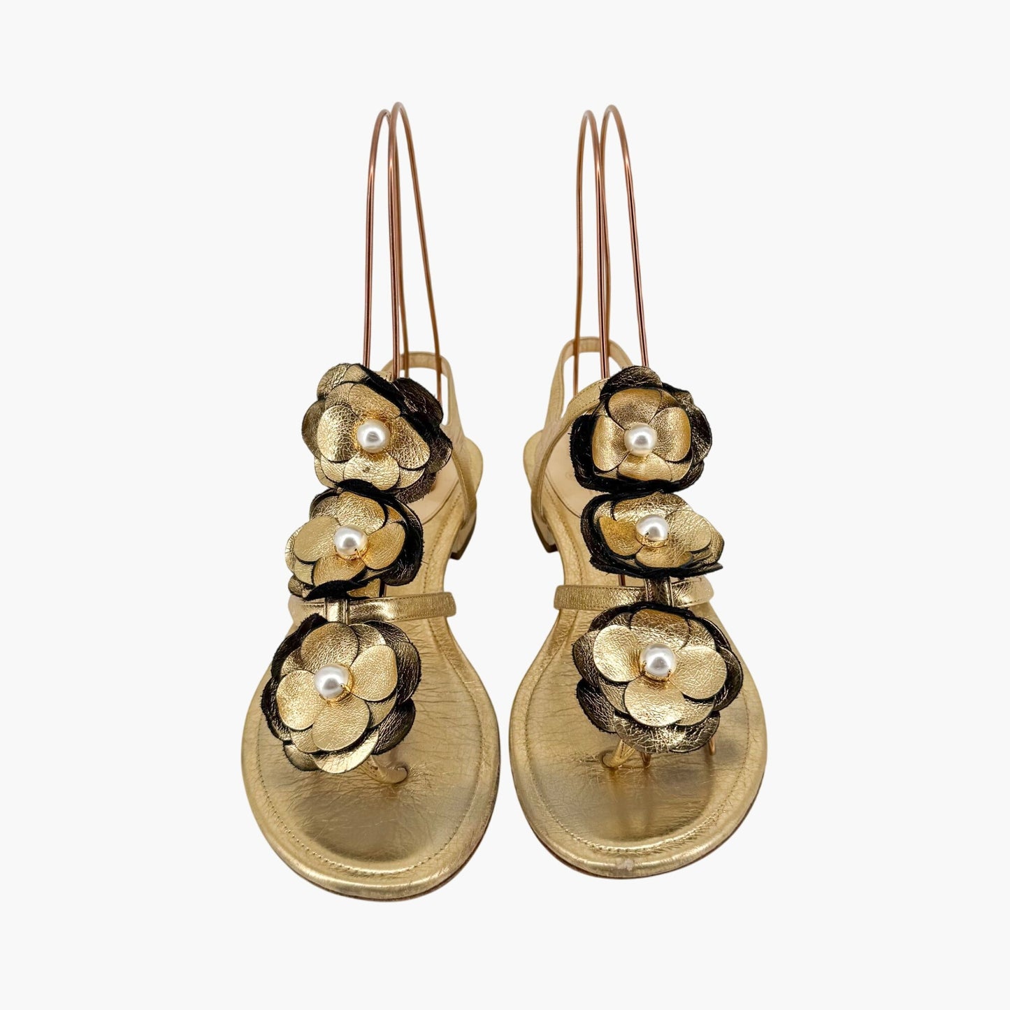 Chanel Pearl Camellia T-Strap Sandals in Metallic Gold Leather – Size 37C (Wide)