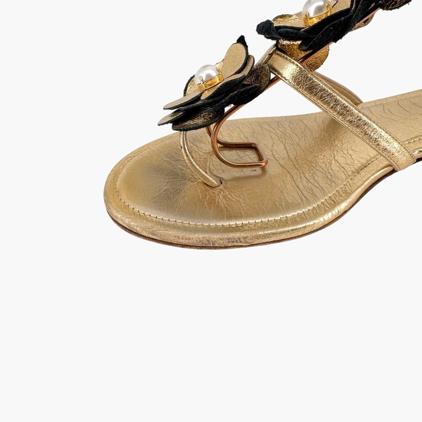 Chanel Pearl Camellia T-Strap Sandals in Metallic Gold Leather – Size 37C (Wide)