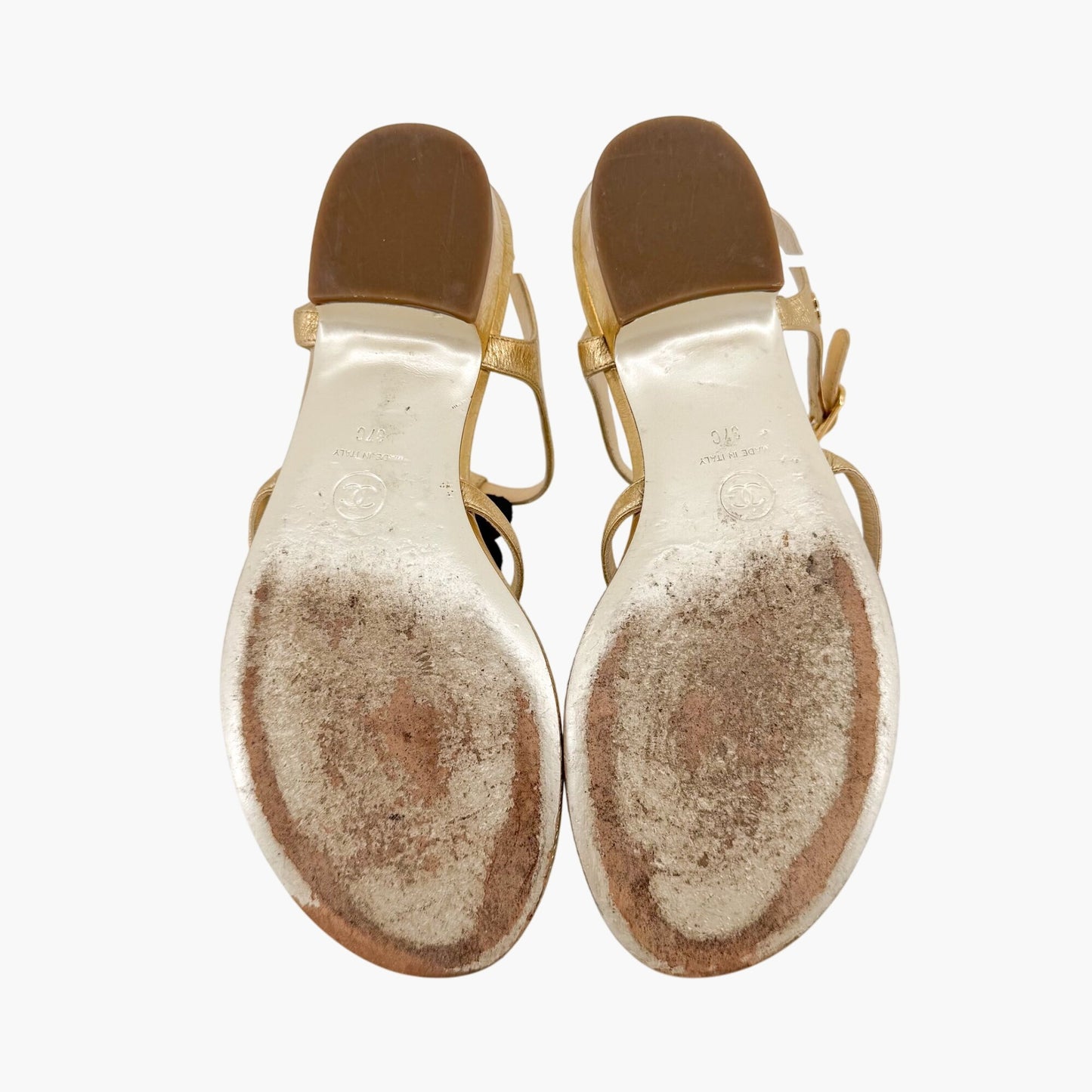 Chanel Pearl Camellia T-Strap Sandals in Metallic Gold Leather – Size 37C (Wide)