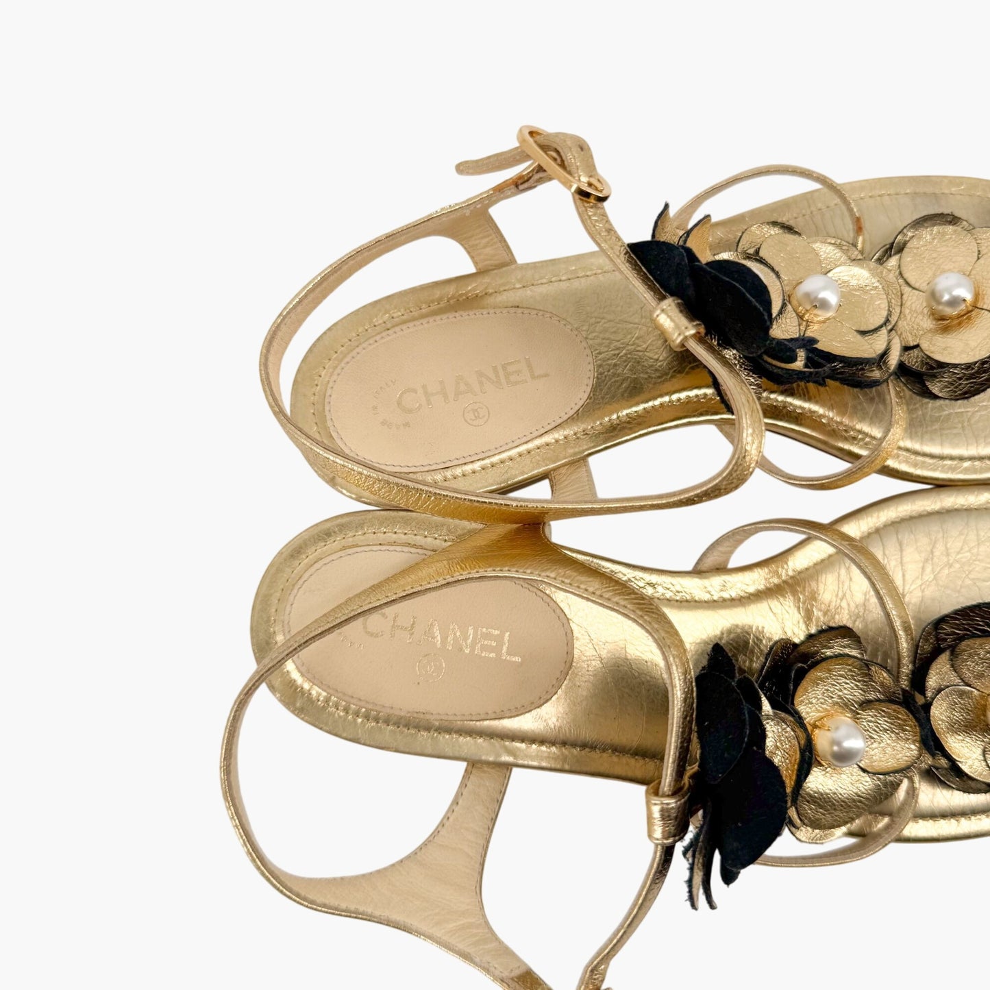 Chanel Pearl Camellia T-Strap Sandals in Metallic Gold Leather – Size 37C (Wide)