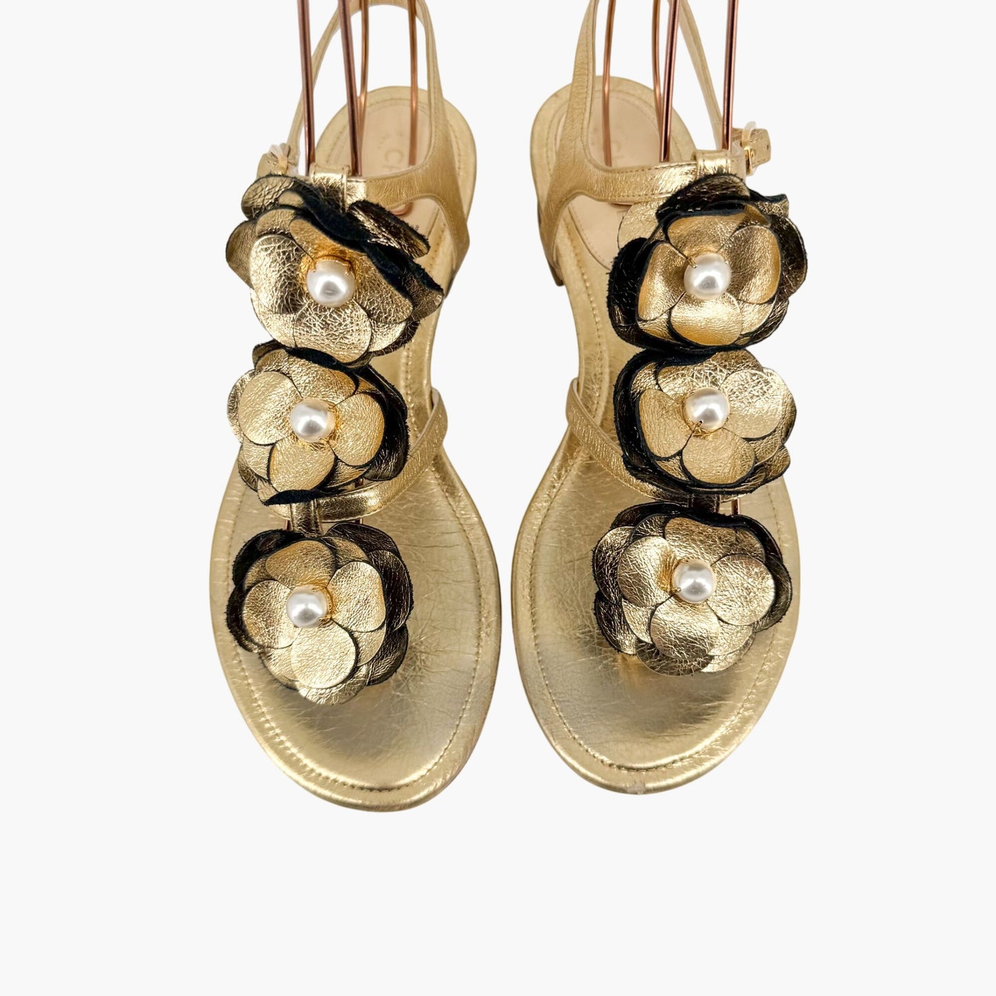 Chanel Pearl Camellia T-Strap Sandals in Metallic Gold Leather – Size 37C (Wide)