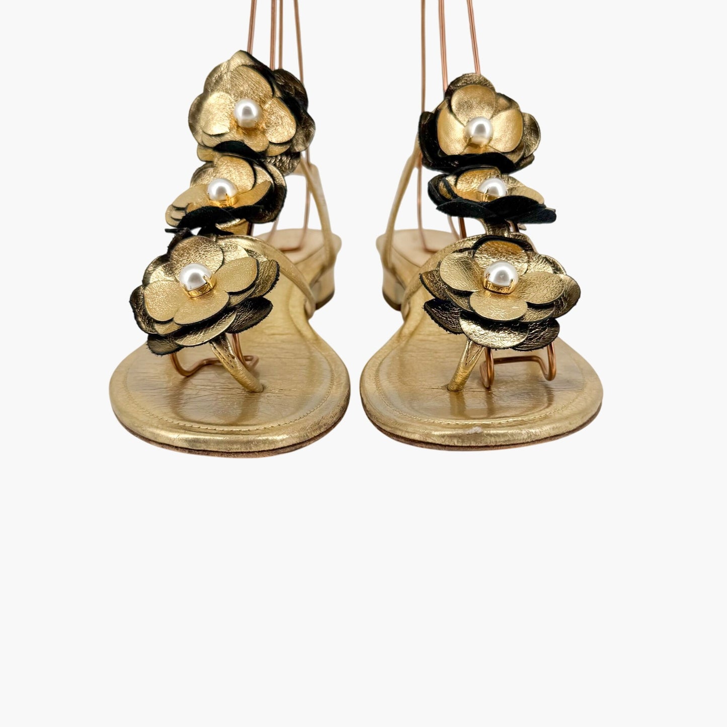 Chanel Pearl Camellia T-Strap Sandals in Metallic Gold Leather – Size 37C (Wide)