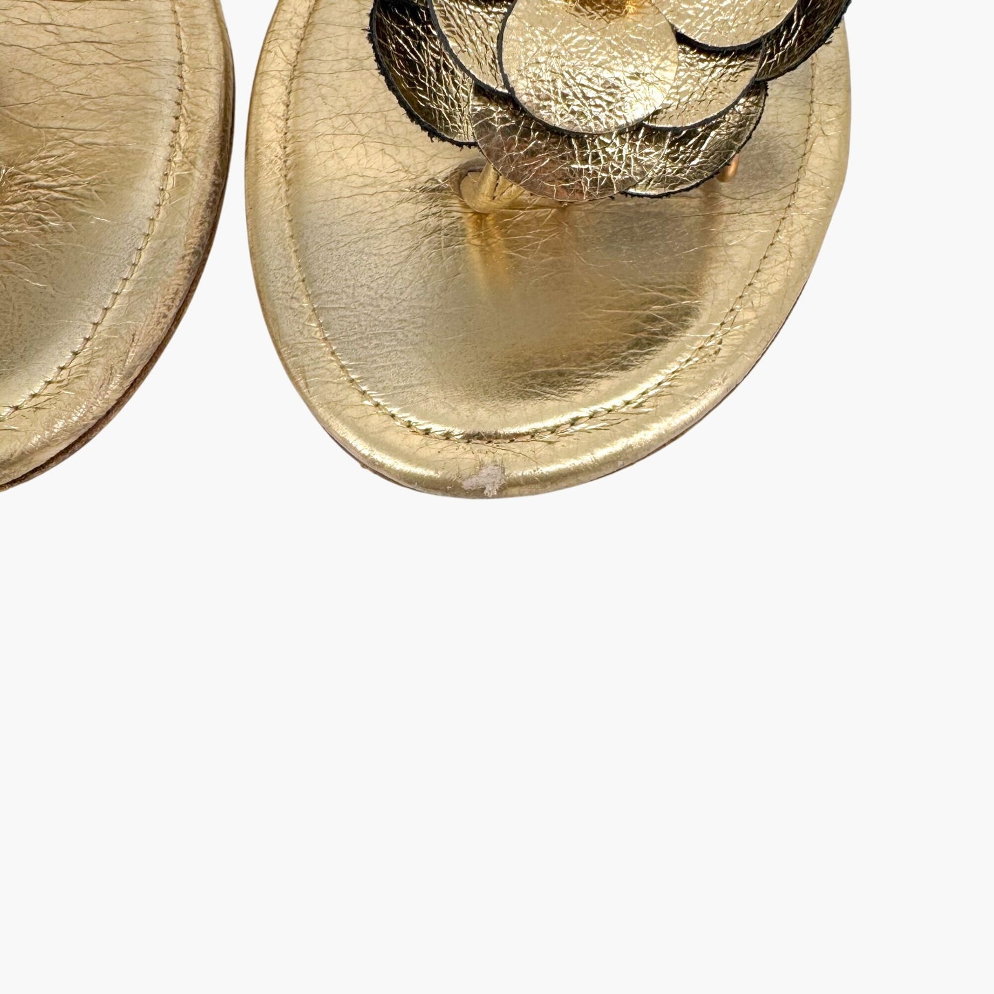 Chanel Pearl Camellia T-Strap Sandals in Metallic Gold Leather – Size 37C (Wide)