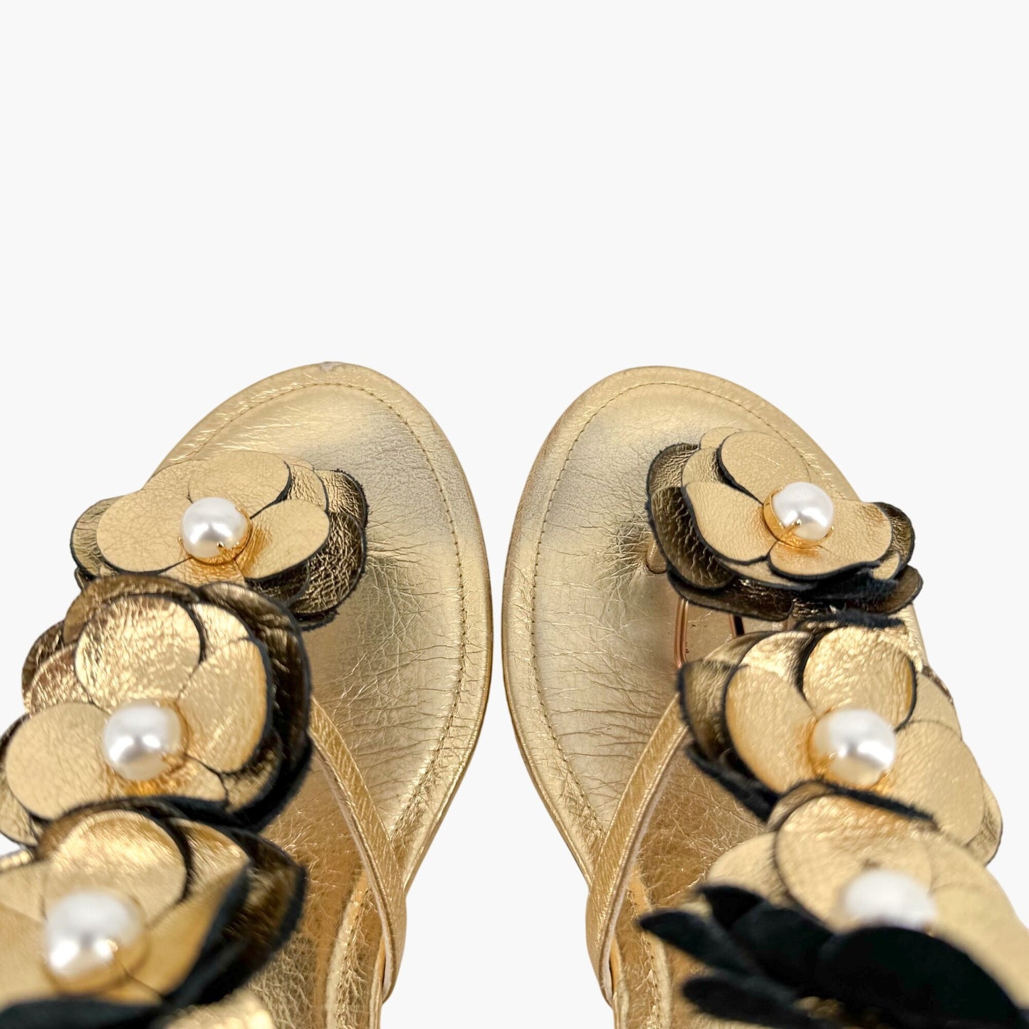 Chanel Pearl Camellia T-Strap Sandals in Metallic Gold Leather – Size 37C (Wide)