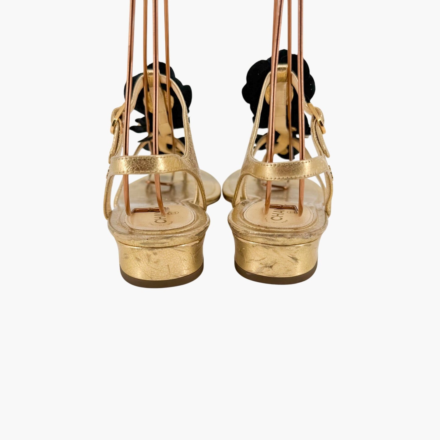 Chanel Pearl Camellia T-Strap Sandals in Metallic Gold Leather – Size 37C (Wide)