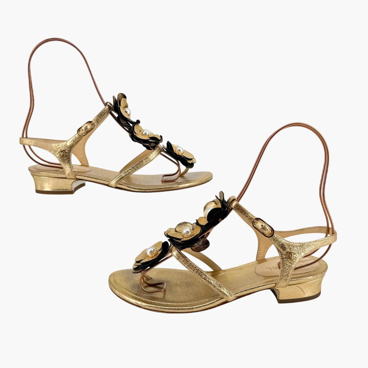 Chanel Pearl Camellia T-Strap Sandals in Metallic Gold Leather – Size 37C (Wide)