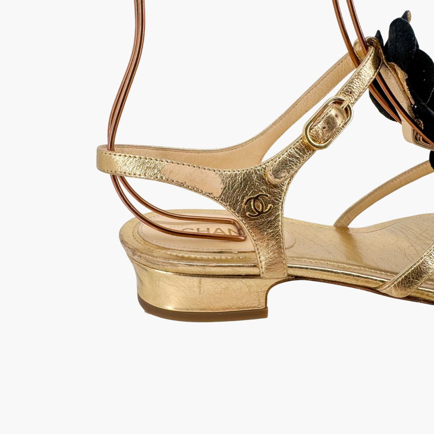 Chanel Pearl Camellia T-Strap Sandals in Metallic Gold Leather – Size 37C (Wide)