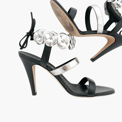 Chanel Camellia Sandals in Black & Silver Size 36.5