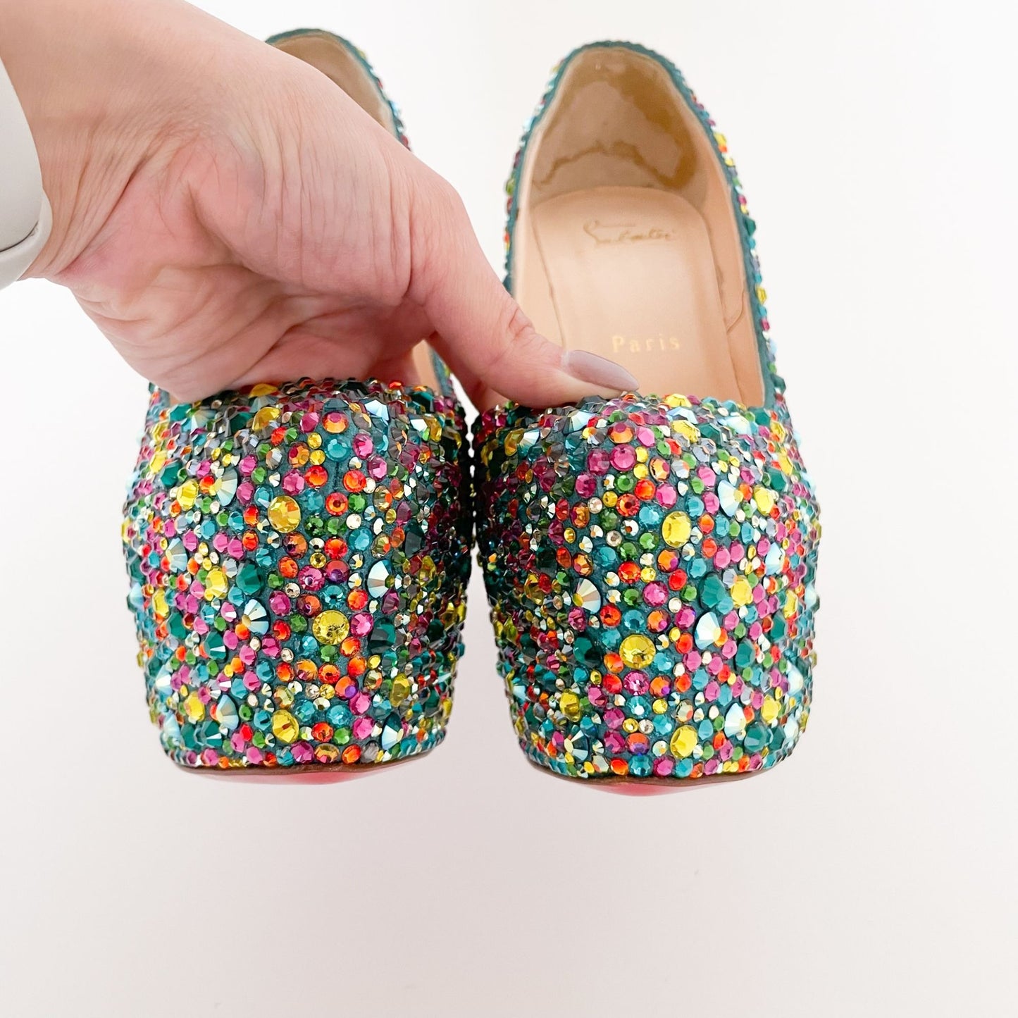 Christian Louboutin Daffodile 160 Pumps in Multicolor Crystal-Embellished Teal Suede Size 39.5