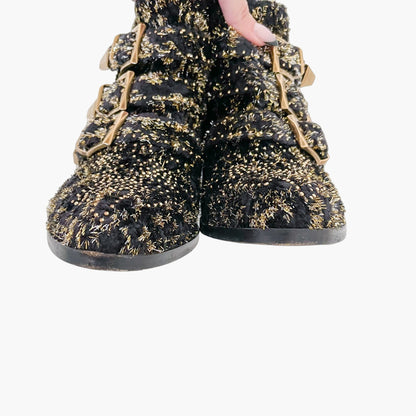 Chloé Susanna Short Boots in Black and Metallic Silver/Gold Velvet Size 37.5