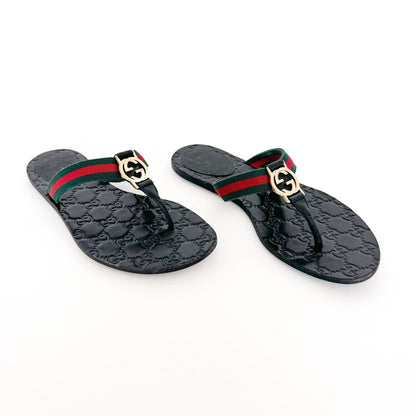 Gucci GG Web Stripe Thong Sandals in Black Size 37.5