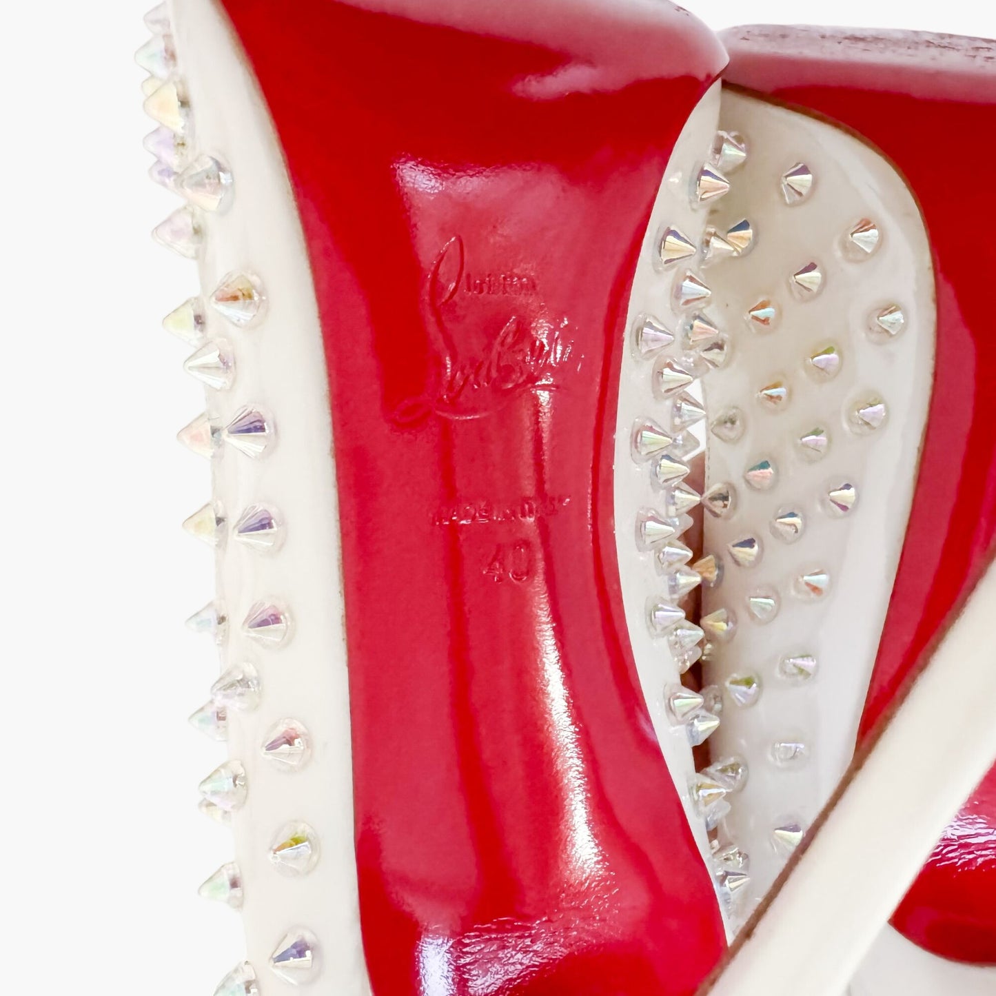 Christian Louboutin Follies Spikes 100 Pumps in White AB Patent Size 40